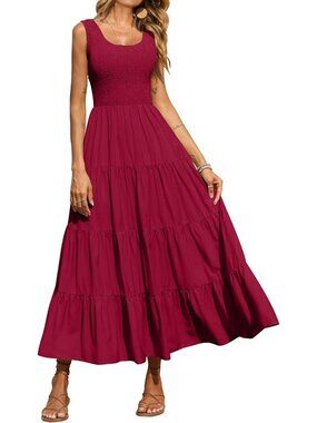 Women's Dress Maxi Wine Red Polyester Scoop Neck Short Vacation Casual Summer